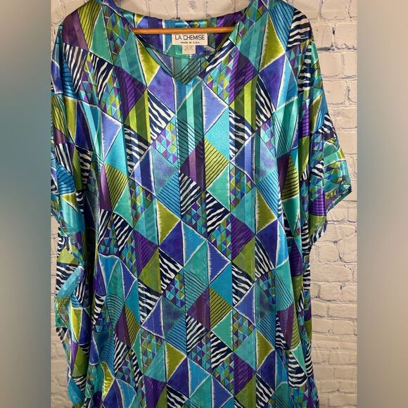 VINTAGE La Chemise USA Blue Purple Retro Kaftan Dress Kimono Colorful Coverup L - Picture 4 of 14
